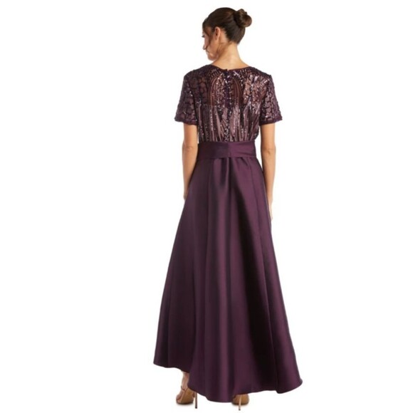 R&M Richards Womens 16 Plum Sequin Lace Formal Dress Hi Low Satin Skirt Gown - Picture 2 of 14